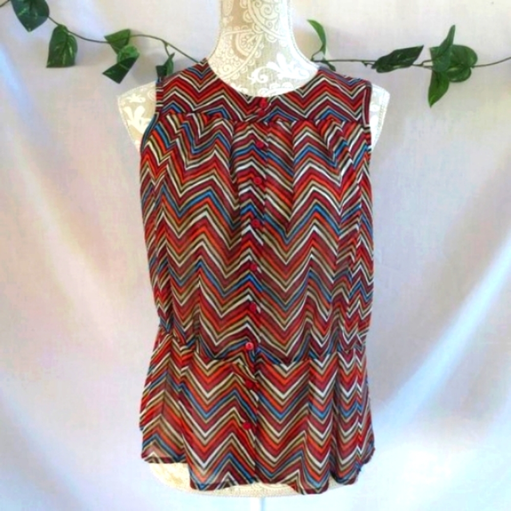 Olivia Moon Blouse Multicolor Chevron Lightweight Peplum Sleeveless Top Size SP